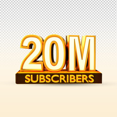 Wall Mural - Golden 20M isolated on png background. 20M 3d. Thank you for 20 Million Subscribers 3D gold. 3D rendering