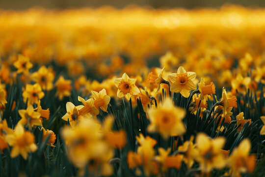 A field of daffodils blooming in vibrant shades of yellow