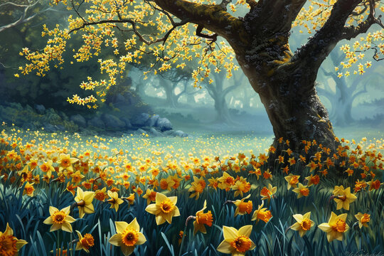 A field of daffodils blooming in vibrant shades of yellow