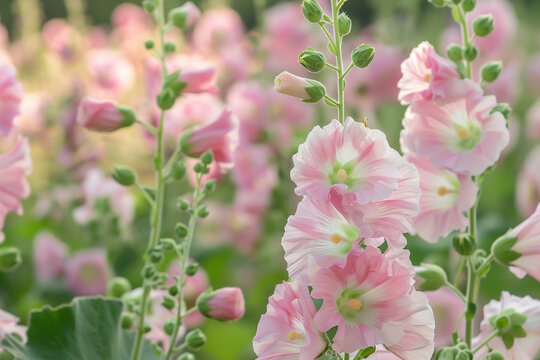 A field of delicate hollyhocks, their tall stalks adorned with beautiful blossoms.