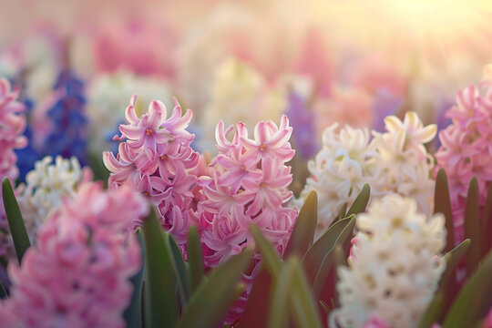 A field of fragrant hyacinth flowers, their vibrant blooms perfuming the morning air with their sweet scent.