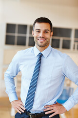 Poster - Advisor, portrait and smile with lawyer man in office of firm or practice for legislation or litigation. Consulting, law and professional with happy attorney in tie at workplace for court case