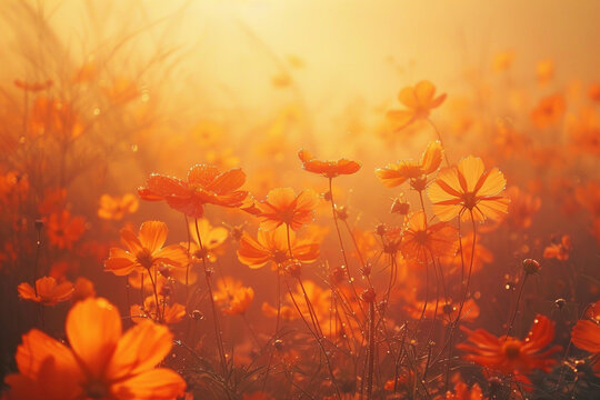 A field of orange cosmos flowers swaying in the wind.