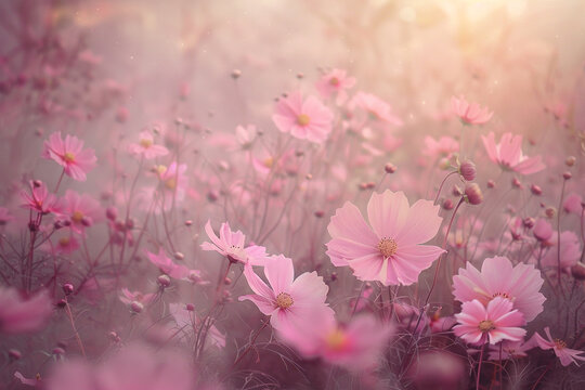 A field of pink cosmos flowers creating a dreamy landscape.
