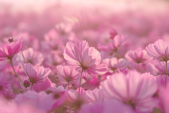 A field of pink cosmos flowers gently swaying in the wind.