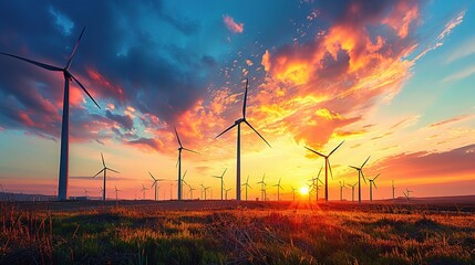 Canvas Print - Green technology featuring a wind farm with turbines against a sunset backdrop