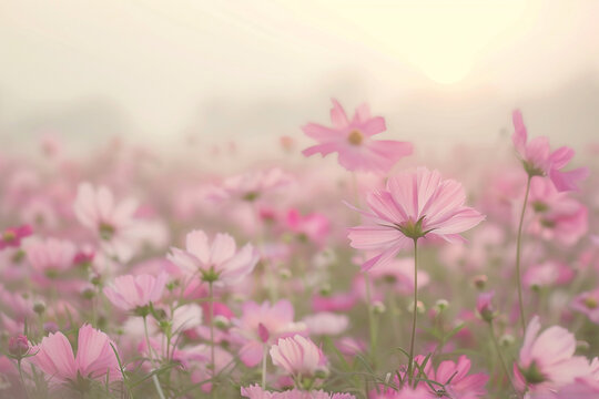 A field of pink cosmos flowers gently swaying in the wind.