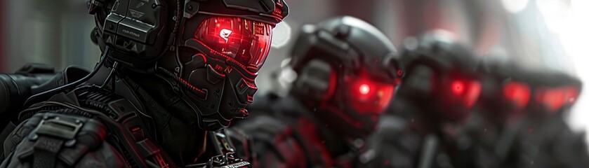 A squadron of futuristic soldiers with glowing red eyes