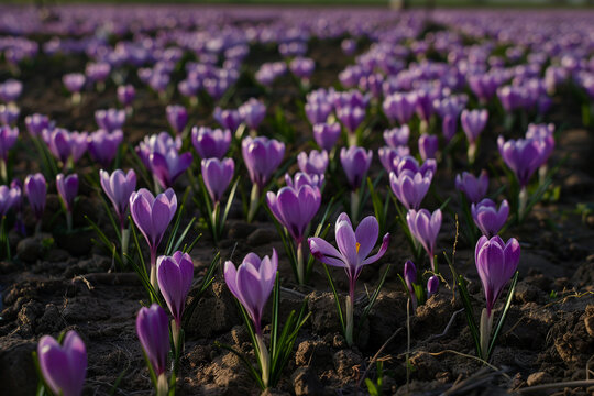 A field of purple crocus flowers emerging from the ground.