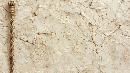 Wall Mural - A gold colored object is placed on a white background. The object is a small, twisted metal rod. The background is a white wall with a few cracks and imperfections. Scene is somewhat rustic