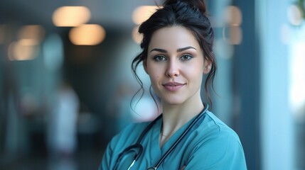 Wall Mural - Professional image of a doctor in scrubs using a stethoscope in the medical field