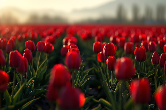 A field of red tulips stretching as far as the eye can see, a breathtaking display of nature's beauty.