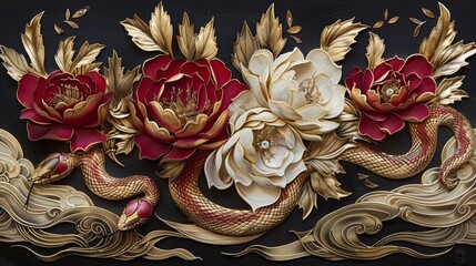 Wall Mural - A gold and red flower arrangement with a snake in the middle