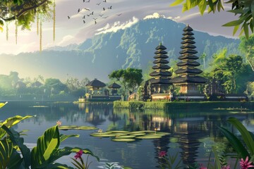 Wall Mural - Illustration of Bali Island with Balinese Hindu Temple, World Travel, Paradise