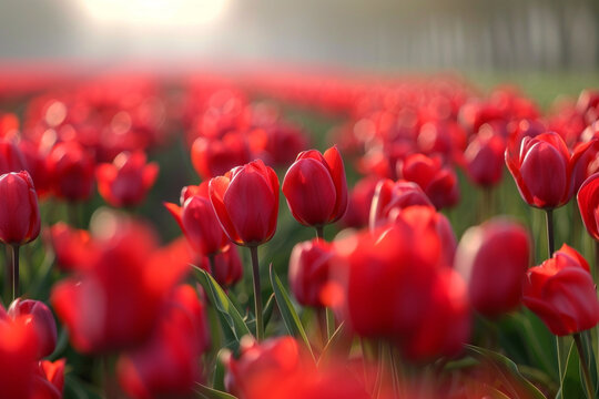 A field of red tulips stretching as far as the eye can see, a breathtaking display of nature's beauty.