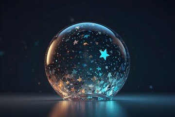 Large glowing crystal/glass ball, with stars and moons trapped inside, in an empty space, on a light blue background, created with Generative AI ... See More