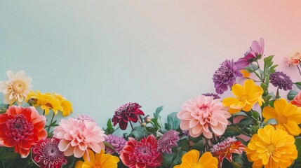 Wall Mural - A colorful garden of flowers with a blue sky in the background. The flowers are of various colors and sizes, creating a vibrant and lively atmosphere