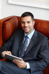 Aufkleber - Businessman, tablet and portrait in office with smile for career, work and company or corporate job. Lawyer, happy and technology in law firm for news, clients and schedule or planning with pride