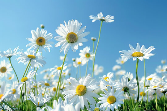 A field of white daisies under a clear blue sky.
