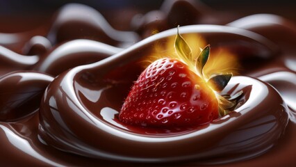 Canvas Print - A strawberry sitting in a chocolate sauce with flames coming out of it, AI