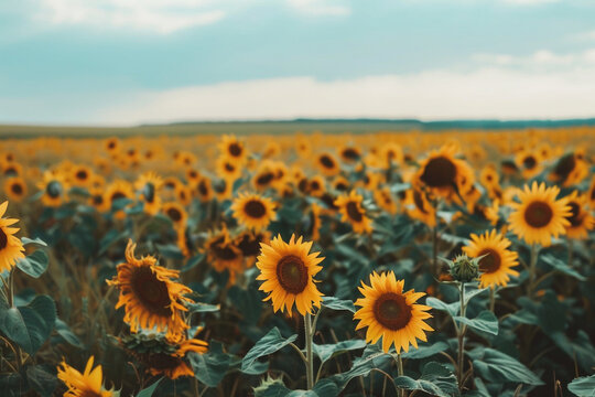 A field of wild sunflowers stretching towards the horizon.