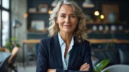 Wall Mural - Older professional woman in a navy blazer, smiling confidently in a modern office