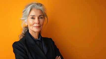 Wall Mural - Portrait of an older professional woman with a serious look, against a lively orange background