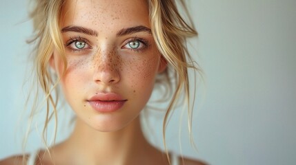 Wall Mural - beautiful young woman with radiant, youthful skin, her eyes bright and engaging, against a clean background