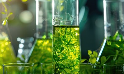 Wall Mural - A closeup of green algae in test tubes and beakers filled with liquid, set against the backdrop of an organic laboratory setting. The focus is on the vibrant colors of both the algae and liquid.