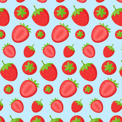 Wall Mural - Cute red whole and sliced strawberry pattern background for backdrop, print, gift, fabric, wrapping, packaging, printable illustartion