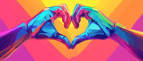 Wall Mural - Digital illustration of hands forming a heart with a vibrant rainbow background, celebrating LGBTQIA pride and unity, perfect for Pride Month events and support campaigns