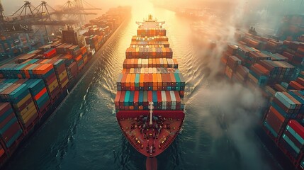 Wall Mural -  large cargo ship being loaded with multi-colored containers at a bustling port, emphasizing global logistics