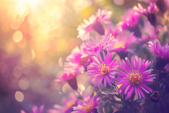 A cluster of vibrant purple asters in a sunlit garden.