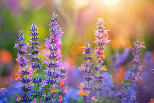 A cluster of vibrant salvia flowers, their spiky blooms attracting birds and butterflies in the early morning.