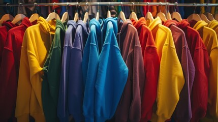 A vibrant array of hoodies on a clothing rack