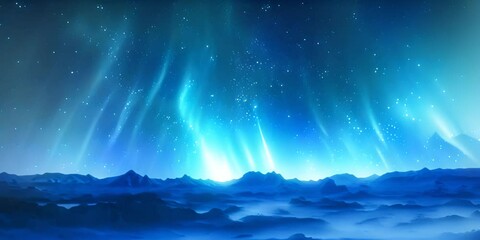 blue aurora borealis over snow covered landscape. majestic northern lights background with copy-spac