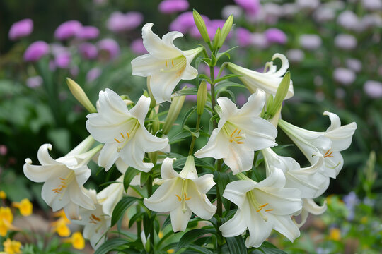 A cluster of white lilies with their graceful, trumpet-shaped blooms.