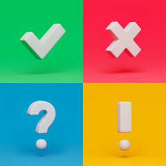 Fototapete - Acceptance, rejection, question and attention rotating check marks set. Right, wrong, interrogation and exclamation signs in checkboxes three-dimensional rendering vector illustration
