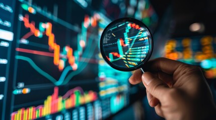 Aufkleber - A stock market analyst analyzing trends and patterns on a stock market graph using a magnifying glass
