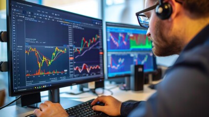 Aufkleber - A stock market analyst conducting research and analysis on stock market graphs and charts using a desktop computer