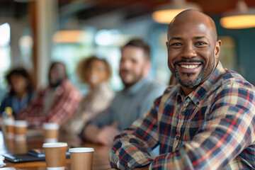 Wall Mural - Portrait of smiling man in plaid shirt sitting at conference table with colleagues, collaborative and vibrant office environment, focus on teamwork and engagement