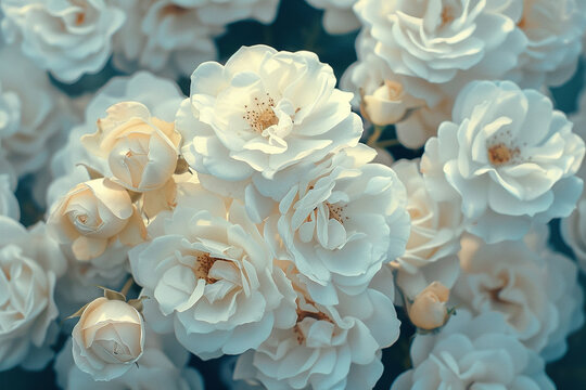 A cluster of white roses with their velvety petals.