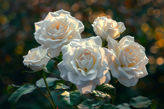 A cluster of white roses with their velvety petals.