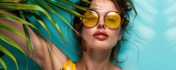 Wall Mural - Stylish young woman in yellow sunglasses posing with palm leaves on a turquoise background