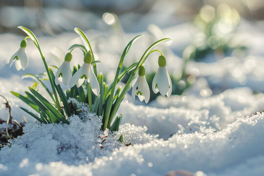 A cluster of white snowdrops emerging from the snow-covered ground.