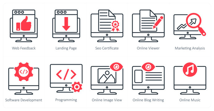 A set of 10 seo icons as web feedback, landing page, seo certificate