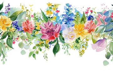 Wall Mural - Wedding flower watercolor border pattern plant white background.