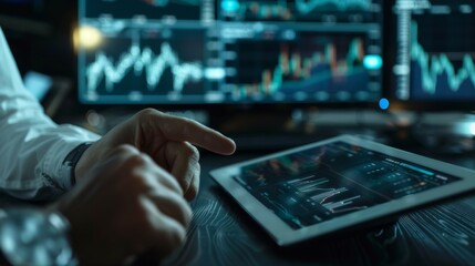 Poster - A trader analyzing stock market trends on a digital tablet with multiple charts and graphs displayed