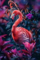 flamingo with beautiful flowers and depth of field artwork with a dark background