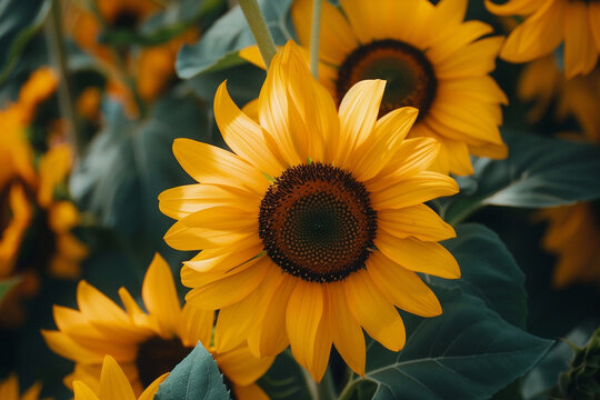 A cluster of yellow sunflowers with dark brown centers.